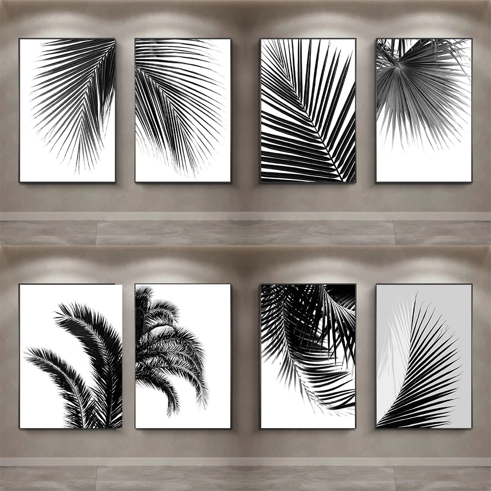 추상 흑백 식물 잎 인쇄 포스터 캔버스 그림, HD 현대 벽 예술 사진, 거실 침실 홈 장식